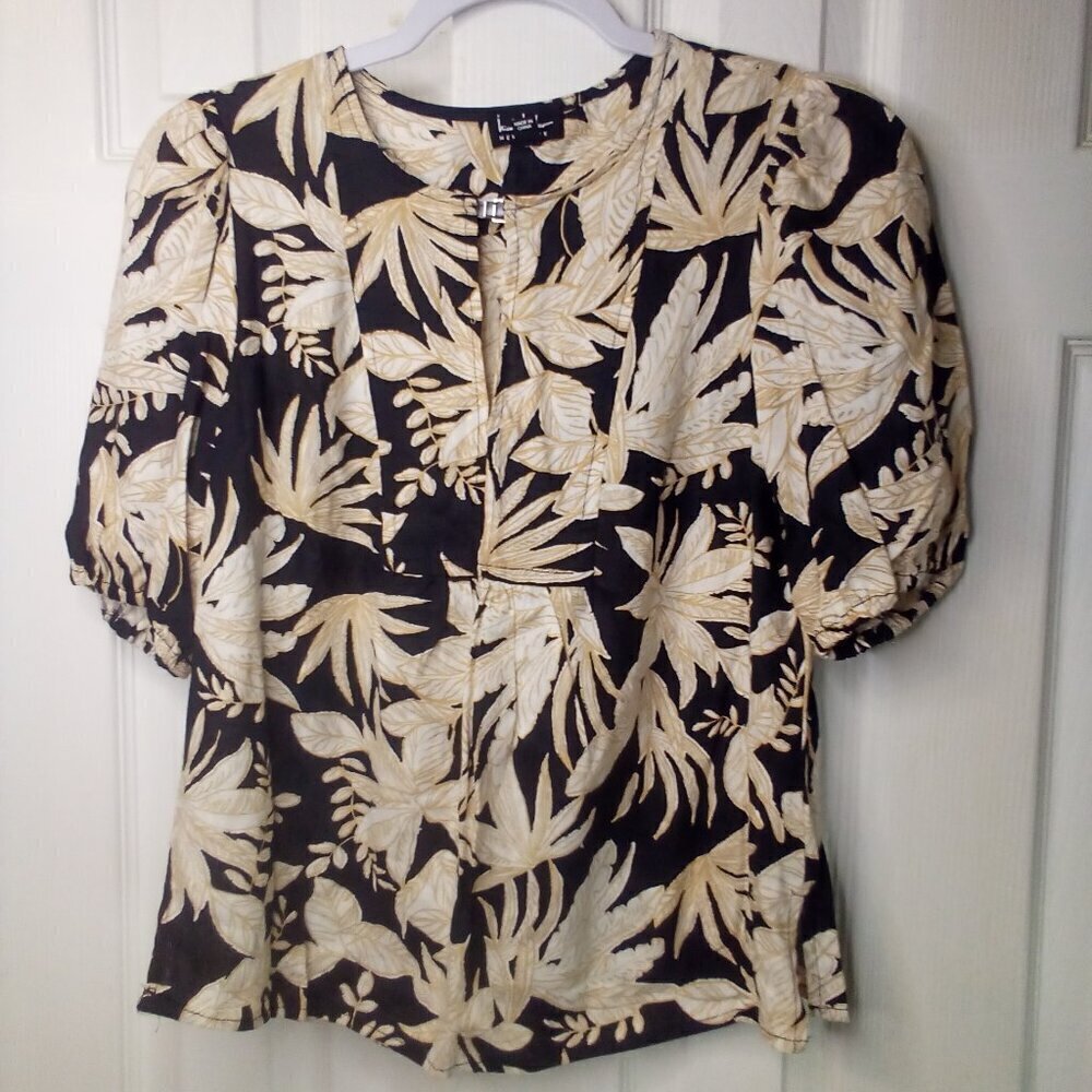 Nicole Miller Shirt Women XS Short Sleeve Linen Blend Leaf Tropical Black Tan